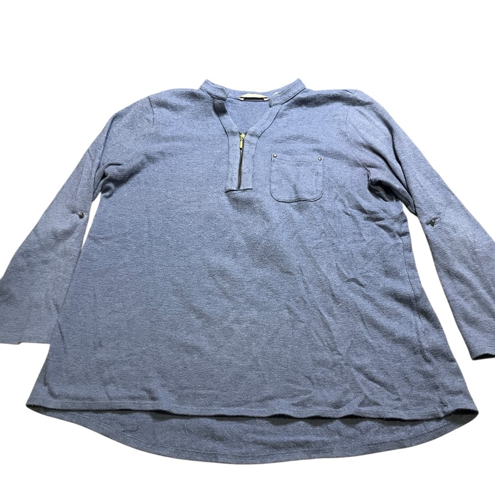 Soft Surroundings Blue Pullover Tunic 1/4 Zip Sweater Roll Tab Sleeve Size L